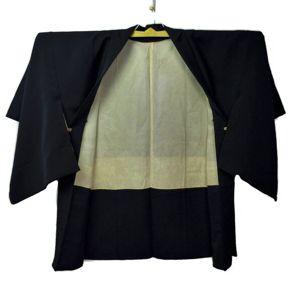 Vintage Black Silk Haori Kimono Jacket Cozy Houses & Trees Metallic Landscape - Picture 9 of 11